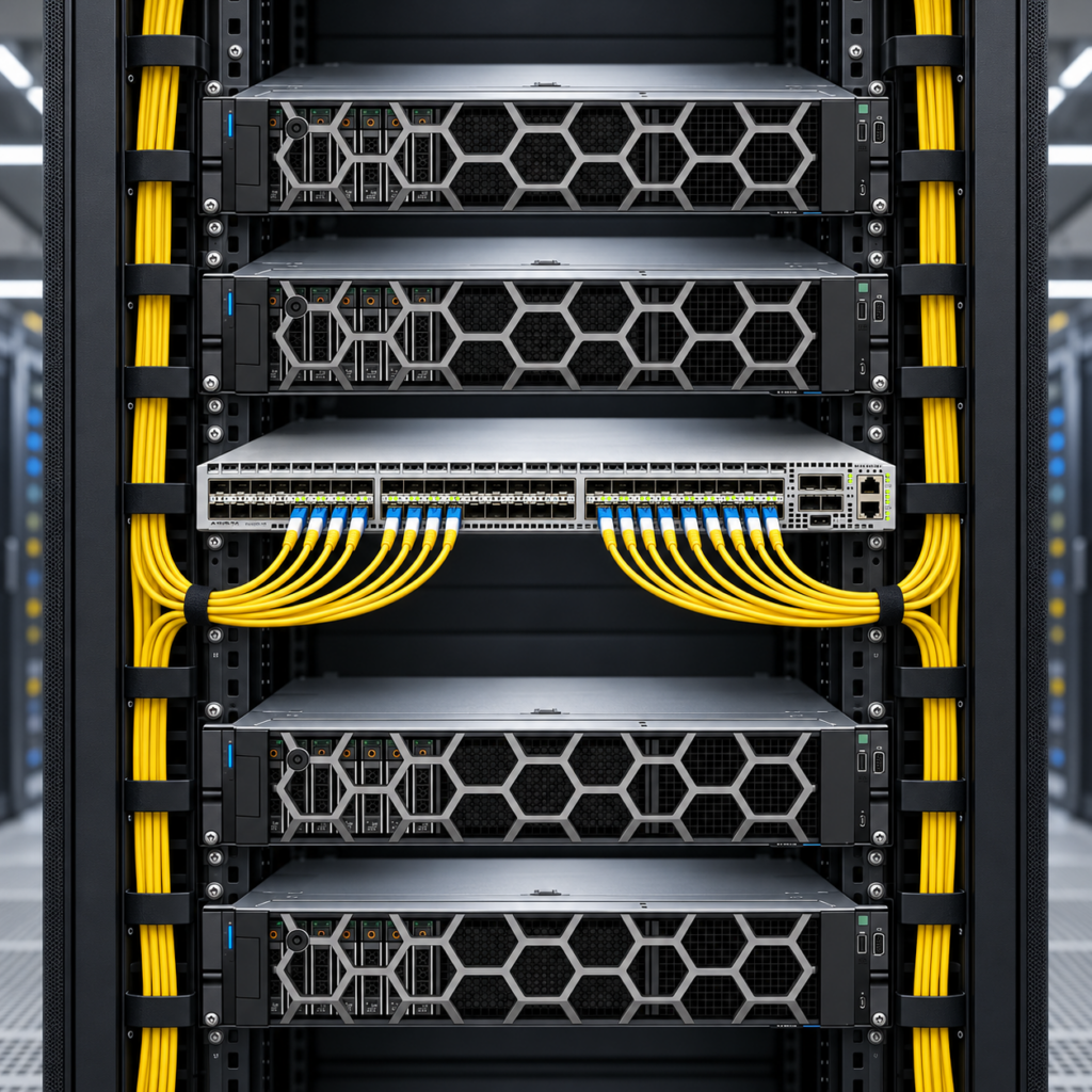 Servers and switch in rack